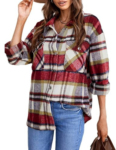 TcIFE Elegantes Vintage-Shirt für Damen, Kariertes Hemd, Vintage-Design, Jacke mit V-Ausschnitt, Langen Ärmeln und elastischen Bündchen