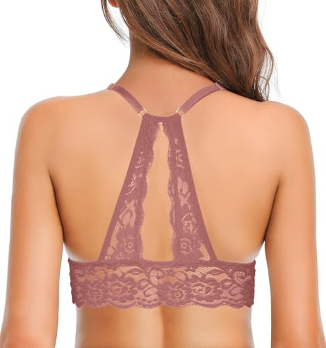 SHEKINI Bygellös BH Dam Triangel Spets Vadderad BH Avtagbar Sexig Crop Top, Mörkrosa, XL