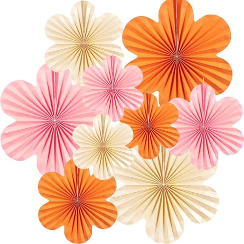 OEEYYT 9 Stück Papier Fächer Dekoration Hanging papierblumen Rosa Orange Weiß party deko papierfächer für Hochzeit Tischdeko geburtstagsdeko partydeko