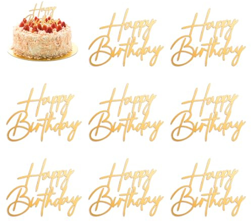 10 Pcs Side Gold Happy Birthday Cake Topper, Acrylic Cake Decorations for Birthday Party Cakes Dessert