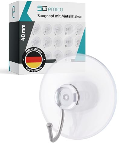 EMICO Saugnapf Ø 40 mm mit Metallhaken - 10 Stück natur (klar) - Saugnäpfe aus langlebigem Weich-PVC - Rückstandsfrei & wiederverwendbar - Ideal für glatte Oberflächen & flexible Befestigungen
