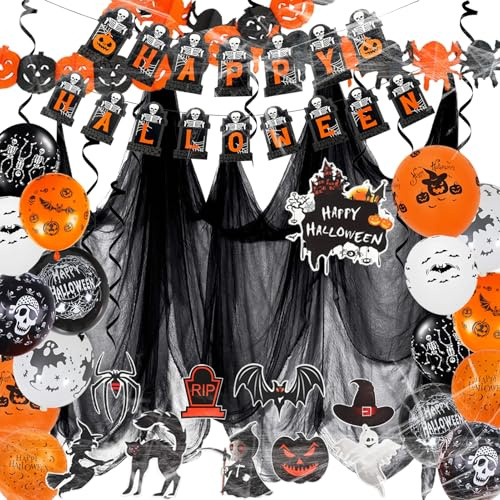 YKHSUAOU Halloween Deko Innen Set, Haloween Luftballons Set, haloween Grusel Deko mit Latex Balloons, Mini Spiders, Spider Web, for Home, Halloween, Children's Party Decoration (A)