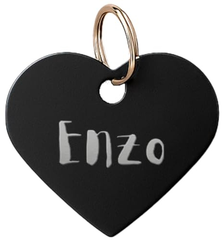 DEREGALOOS Chapa Identificativa Mascotas Personalizada Grabada 2 Caras. Forma de Corazón. Placa para Perros Gatos. Elige Forma, Color y Tamaño. Aluminio Ligero. Ideal para Collar o Arnés (Negro, S)
