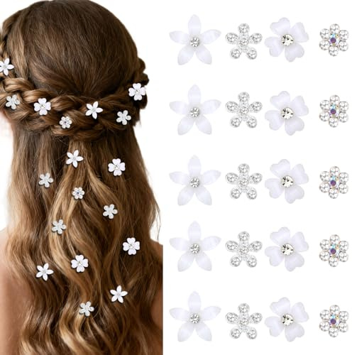 EXIPSAT 20 fermagli per capelli a forma di fiore, mini perline con strass, piccoli accessori per capelli bianchi per matrimonio e sposa