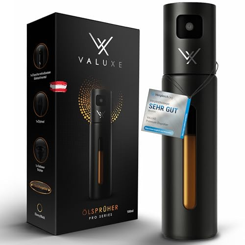VALUXE® Ölsprüher für Speiseöl & Essig mit UV-Edelstahlmantel & Sprühfilter - Edelstahl Öl-Sprühflasche - Präziser Essig & Olivenöl Sprüher, Öl-Zerstäuber, Oil-Sprayer schwarz