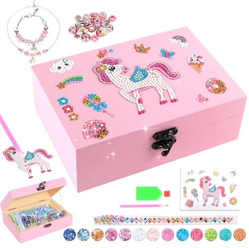PinkSheep Holz DIY Schmuckkasten mit Halskette Armband, Edelstein Aufkleber, Piraten Schatzkiste für Malerei, Schatzkisten, Handwerk Set für Kinder Mädchen (Rosa Einhorn)