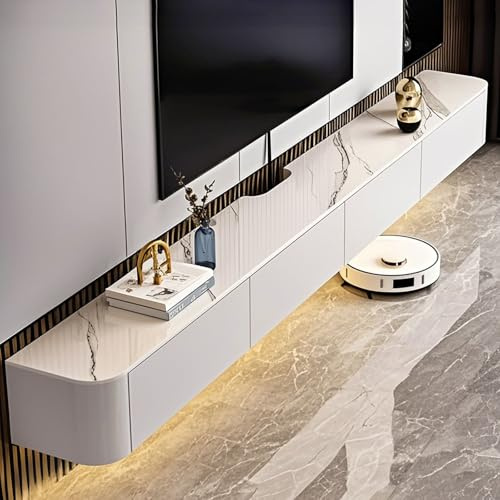Meuble TV mural moderne, meuble TV flottant avec portes de rangement et tiroirs pour salon et chambre à coucher, meuble élégant en noyer, 300 cm d'espace