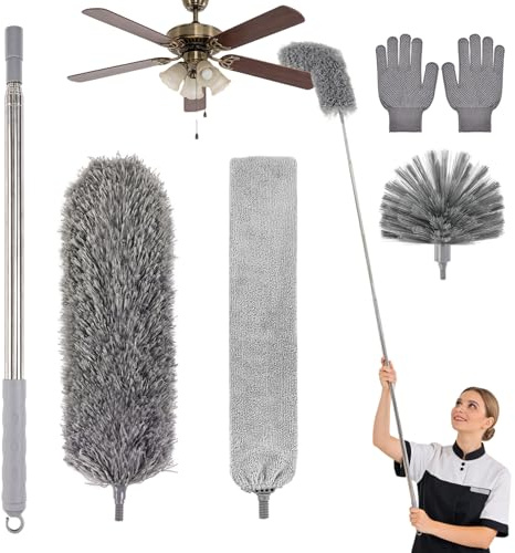 Cobweb Duster with Extension Pole, Washable Cleaning Microfiber Feather Duster 5-in-1 Kit with 3 Duster Heads, 100'' Bendable Extendable Long Duster for High Ceilings, Fans, Blinds, Furniture & Car
