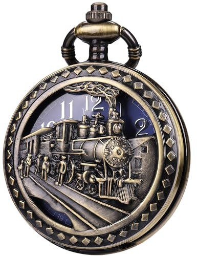 DerMacht Pocket Watch with Chain Oversized 50MM 1.97Inch Quartz Steampunk Hollowed Train Sun Patterned Bronze Blue for Cosplay Christmas Valentine's Day Birthday Gifts Fathers Day