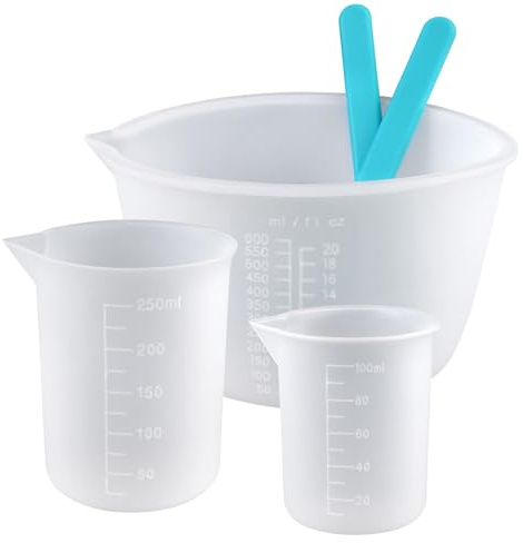 5 Pièces Tasses en Silicone pour Resine Epoxy 100ml/250ml/600ml | Verre Doseur en Silicone avec 2 Bâtonnets,Réutilisable Tasses à Mesurer Silicon avec Gradué pour Bricolage à Main, Cuisine