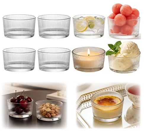 Crafthaven 8 Pack Small Glass Dessert Bowls, Ice Cream Bowls Ribbed 7oz/200ml, Mini Dessert Serving Dishes, Dessert-Glasses for Sundae, Salad, Fruit, Snacks and Dips (Ribbed)