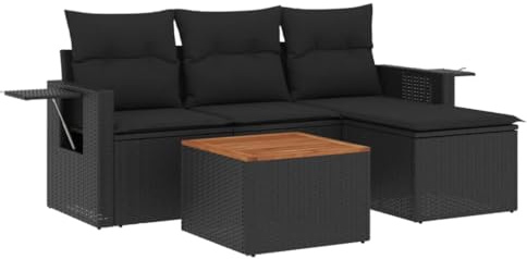 HFXHIJXQ 5-TLG. Gartenlounge Schwarz aus wetterfestem Poly-Rattan 55 x 62 x 69 cm mit Akazienholz-Tisch platzsparendes Loungesofa Modular für Garten Terrasse Balkon