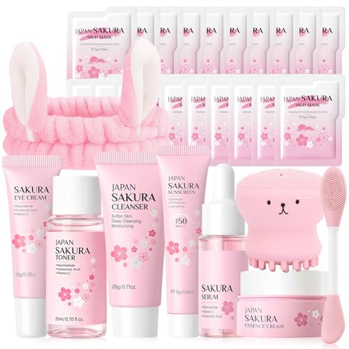 Sakura Gesichtspflege Set 29 Stück, Hauttäglich Hautpflege Set mit Schlammfilm, Cleanser, Toner, Gesicht Reinigung & Pflege, Sakura Hautpflege set für Teenager Mädchen und Frauen