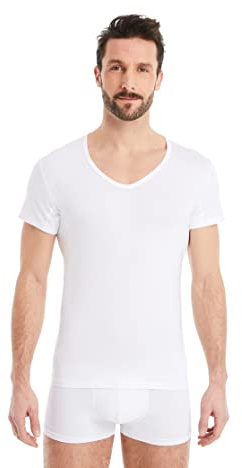 FINN Maglia Intima Funzionale per Uomo con Scollo a V - T-Shirt Anti-Sudore con Inserti Contro Le Macchie di Sudore - Canottiera a Maniche Corte in Tessuto Originale Lenzing® Modal Bianco L