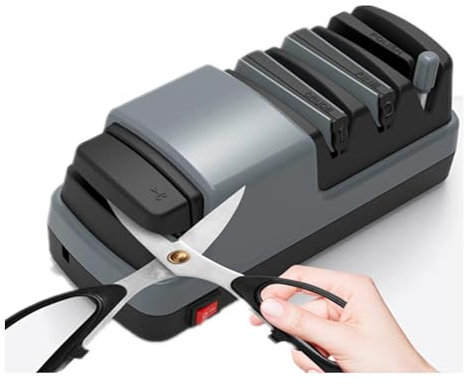 HAZARA Affilacoltelli Elettrico, 4 in 1 Affila Coltelli Elettrico, Con Abrasivi Diamantati Al 100% E Guide Angolari Di Precisione Affila Coltelli Professionale,Gray