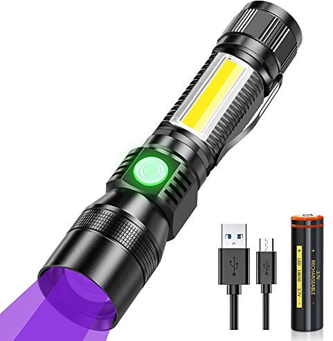 Karrong Torcia magnetica a LED con luce nera, lampada UV ricaricabile tramite USB (con batteria 18650), luce rossa 395 nm Ultravioletta, 7 modalità, rilevatore per banconote, urina, campeggio
