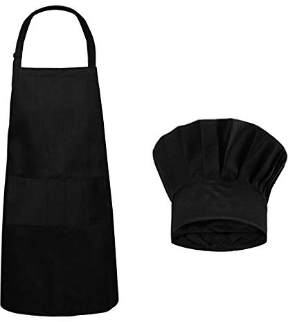 SourceTon Kochschürze, verstellbare Kochschürze mit Taschen und verstellbarer, elastischer Kochmütze für Damen und Herren, Schwarz, Schwarz, 35in x 27in