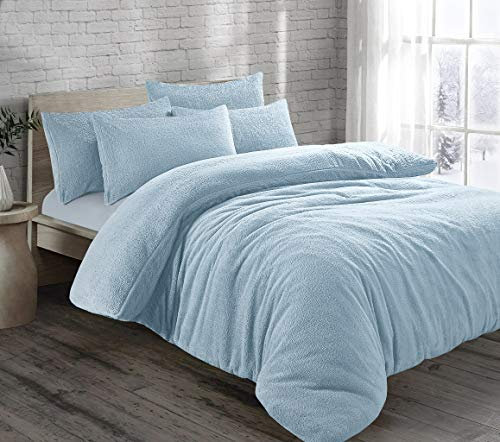 CT New Teddy Sherpa Fleece Luxurious Duvet Cover Sets Quilt Cover Sets Super Soft Warm Cosy Teddy Bear Fleece Bedding Sets (Light Blue, Double Duvet Set)