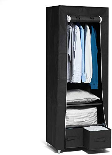 Hododou Canvas Kleiderschrank Stoffschrank für Schlafzimmer 160 x 59 x 43 cm Tragbarer Schrank mit 2 Schubladen und Kleiderstange, für Wohnzimmer, Schlafsaal, Stoffschrank für Kleidung, Taschen