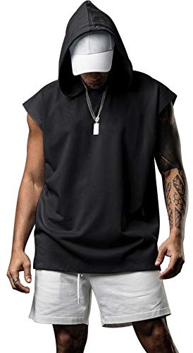 Lomon Canotta da uomo con cappuccio per palestra, senza maniche, tinta unita, per corsa, sport e bodybuilding, Nero , XL