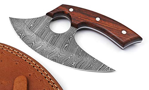 Super Knife Handmade Damascus Steel Ulu Knife - Fixed Blade knife for Chopping Boning Slicing Cutting ,Solid Rose Wood Handle with Leather Sheath, Wood,Steel