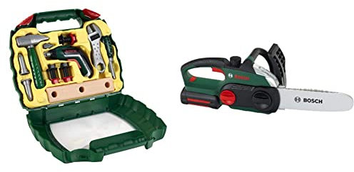 Theo Klein 8394 Bosch Ixolino Koffer I Mit Hammer, Schraubenschlüssel und vielem mehr & 8399 Bosch Kettensäge I Originalgetreue, kindgerechte Nachbildung I Maße: 13 cm x 39,5 cm x 14 cm I ab 3 Jahren