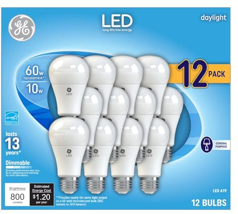 GE Daylight LED 60W Equivalent General Purpose A19 Light Bulbs (12 Pack)