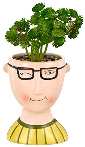 Baroni Home Vaso Testa in Ceramica con Volto, Vaso con Pianta Artificiale Inclusa, Soprammobile Moderno, Statuetta da Interno o Esterno 11x13x27 cm - Boy
