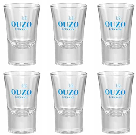 Jassas Griechische Feinkost Loukatos 6x Ouzo Glas mit 2cl Füllstrich