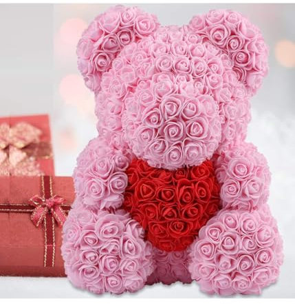 OISE ART STORE Trade Shop - Orsacchiotto Orsetto Orso di Rose con Fiori da 25cm Colore Rosa con Cuore Rosso