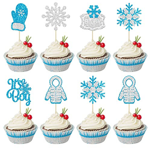 24 Stück Schneeflocke Oh Baby Cupcake Topper Silber Glitter Winter Frozen It's a Boy Cupcake Pick Dekorationen für Winter Onederland Babyshower Geburtstag Junge Winter Schneeflocke Party Dekorationen