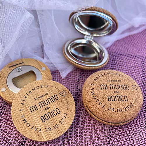 Uvimark | Detalles de Boda | Primera Comunión | Bautizo | Pack de 50 Detalles Personalizados: 25 abridores de Bambú y 25 espejos de corcho presentados en bolsitas | Regalos Personalizados