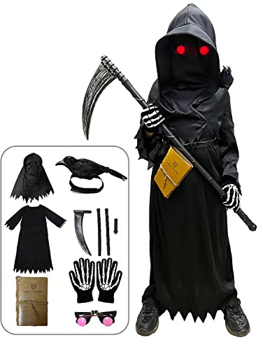 longpo Halloween Costumes for Boys Grim Reaper Costume Kids Set Scary Ghost Cosplay Outfit Halloween Party Favors Gifts (XL)