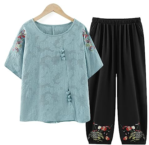 QPZK Abito da donna Tang Hanfu Abbigliamento tradizionale cinese, adulto anziano Tai Chi uniforme per le donne arti marziali Kung Fu Abbigliamento manica corta Cappotto e pantaloni Blue-XL