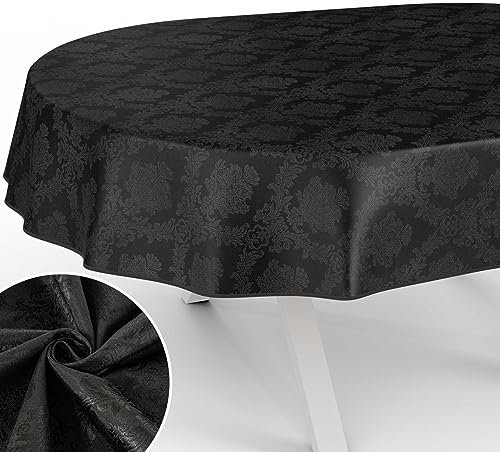 Stoff Tischdecke Textil Tischwäsche Tischtuch Baumwolle Polyester abwaschbar Uni Ornament Damast Jacquard Gewebe waschbar Barock Schwarz Oval 220x140cm mit Saum (Eingefasst)