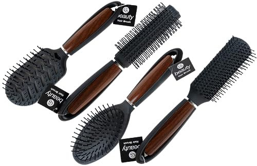 CS Beauty - Pack of 4 Hair Brush Set - Oval Cushion Hair Brush, Vent Hair Brush, Oblong Brush, Radial Brush for Women Men Children - Wet or Dry Hair - Detangle Massage - Wood Effect Handle