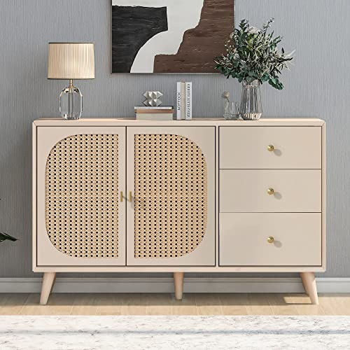 Idemon Esszimmer Wohnzimmer Sideboard Kommode Stehschrank Aufbewahrung Sideboard TV-Tisch mit Türen und Schubladen Sideboard mit großem Stauraum Offwhite Creme Breite 120 cm