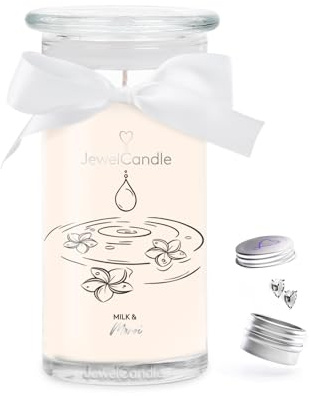 jewelcandle JuwelKerze Milk & Monoi Ohrringe Silber - große Schmuckkerze 80 Std - Duftkerze mit blumigem Duft - Kerze mit Schmuck - Geschenke für Frauen, Geburtstag
