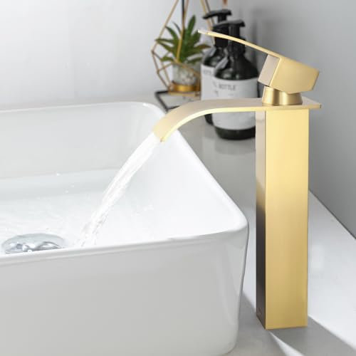 ONECE Grifo Lavabo Oro de Cascada Alto, Grifería de Baño de Encimera, Mezclador Monomando de Acero Inoxidable 304, Agua Fría y Caliente, Sin Plomo, Diseño Elegante, Dorado Cepillado