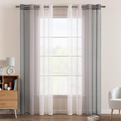 EMEMA Vorhang Zweifarbiger Vorhänge mit Ösen 2er Set Grau Voile Gardinen | Vorhang mit Ösen Transparente Polyester Ösenschal Wohnzimmer Luftig Dekoschal für Schlafzimmer B140 X H137cm
