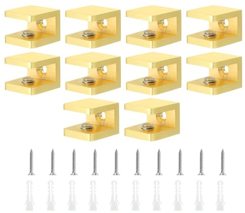 sourcing map Glass Shelf Clamp, 10Pcs Brass Glass Clamp for 8-10mm Thick Glass, Adjustable Glass Shelf Bracket Support Holder, Gold