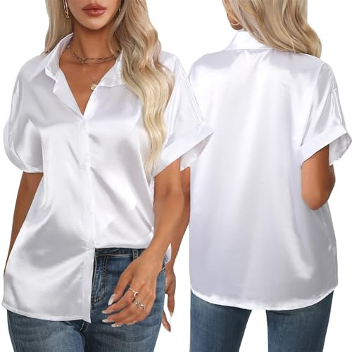 FEOYA Blusa de mujer de satén de seda con cuello en V camisa con botones de verano tops de manga corta ropa de mujer ropa de satén camisa casual blusa camisa suelta casual oficina S-2XL, Blanco, XL