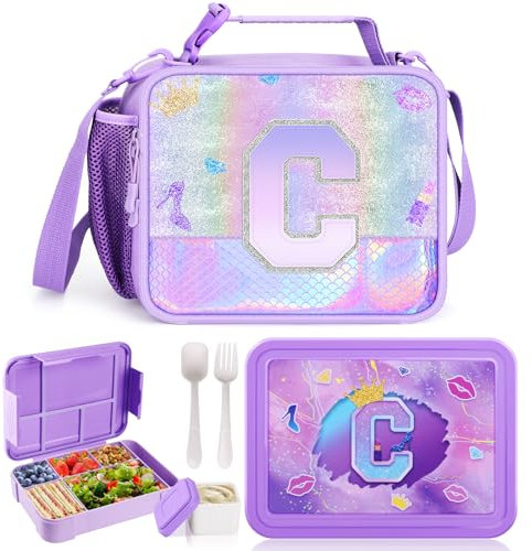 2PCS Kids Lunch Bag and Box Set, Insulated Lunch Bag,Personalized Kids Bento Lunch Box with 6 Compartments and Cutlery, Leakproof Lunch Containers for Girls/Toddlers Pre-School,Kindergarten (Purple C)