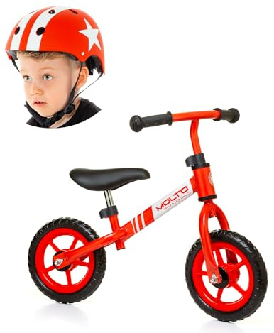 MOLTO Fahrrad ohne Pedale rot + roter Helm Star | Minibike | Kinderfahrrad | Gleichgewichts- oder Lernfahrrad | Lernspielzeug für Kinder von 2 bis 5 Jahren