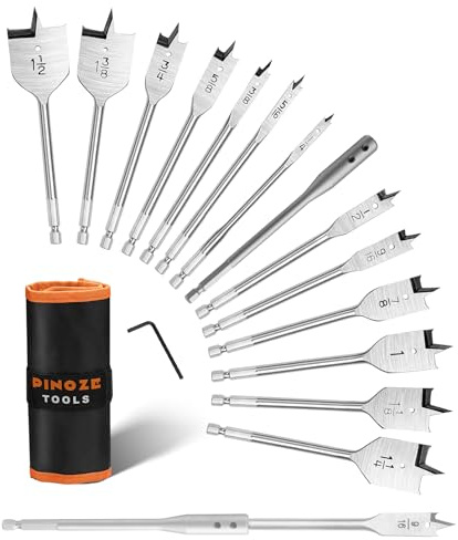 PINOZE 14-Piece Spade Drill Bit Sets with 6“ Extension, Paddle Flat Bit for Hole Cutter Woodworking, 1/4 to 1-1/2, Quick Change 1/4 inch Hex Shank, Nylon Storage Pouch Included