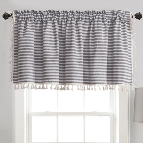 Lirzxin Kurzgardine, Moderne Scheibengardinen Halbtransparente Vorhänge Stangendurchzug Gestreift mit Quasten Baumwolle Kurzer Vorhang Jalousien für Kleine Fenster, 150x45CM, Kaffee, 1 Stück