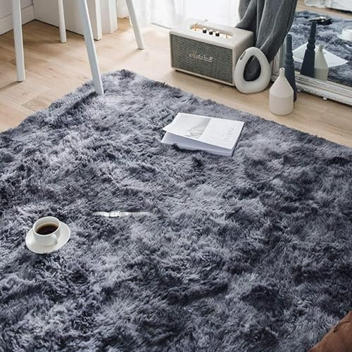 XUEDNGM Teppich Schlafzimmer Teppich Weich 90 x 130 cm Anti-Rutsch, Flauschig, Weich, Waschbar, Langflor Kunstfaser Fellteppich Langflor Wohnzimmerteppich für Wohnzimmer, Schlafzimmer, Dunkelgrau