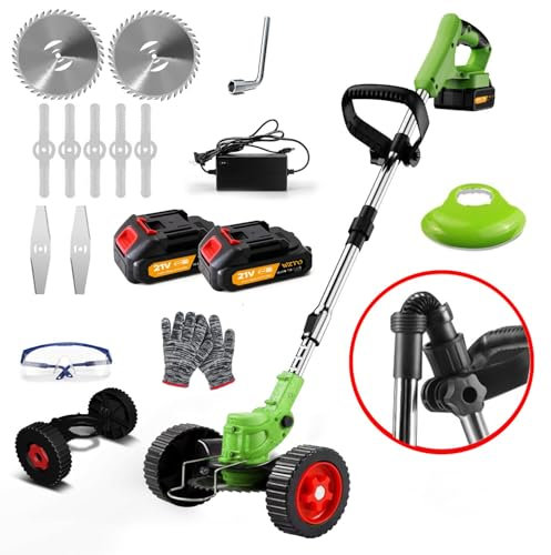 Cordless Garden Strimmers with Metal Blades, Electric Cordless 21v Grass Strimmer with 2 X 2000mAh Battery, Garden Trimmer Telescopic Lightweight with Roller, 850W, for Gardens Lawns Weeds Trimmer