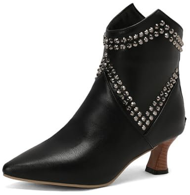 FQMAYPO Mujer Botines Punta Afilada Remaches Tacón Kitten Cremallera Trasera Botines Cómodos Chelsea Casuales Botas Simples Tacón Medio Botas Cortas Tacón Chunky Estilo Biker,Negro,44 EU