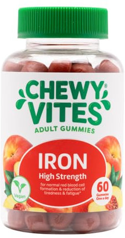 Chewy Vites Adult High Strength Iron, 60 Vitamin Gummies, 14mg Ferrous Fumerate Iron Gummies with Vitamin C, 2 Months Supply, Real Fruit Juice, Vegan, Peach Flavour